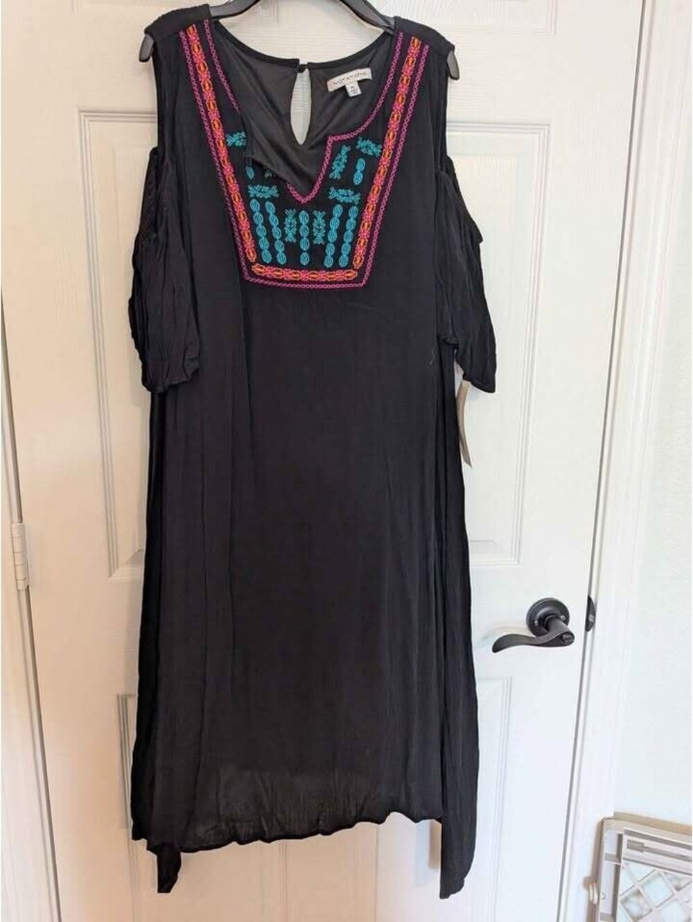 NWT Notations Black Embroidered Bohemian Summer Dress with Cold Shoulder